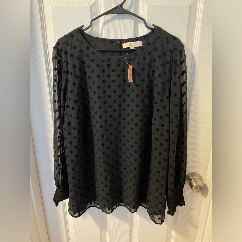 NWT 18 Black Polkadot Loft Blouse with Sheer Sleeves